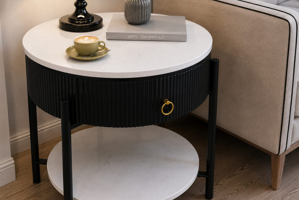 Luxury Marble Top Side Table with Storage Drawer