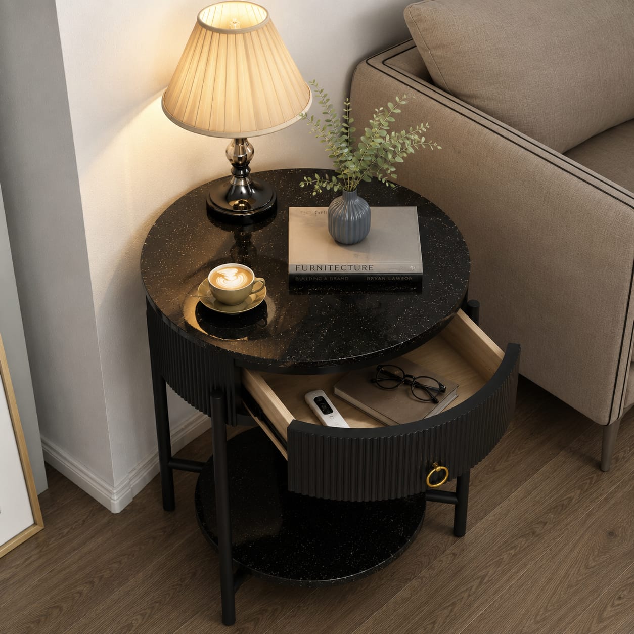 Luxury Marble Top Side Table with Storage Drawer