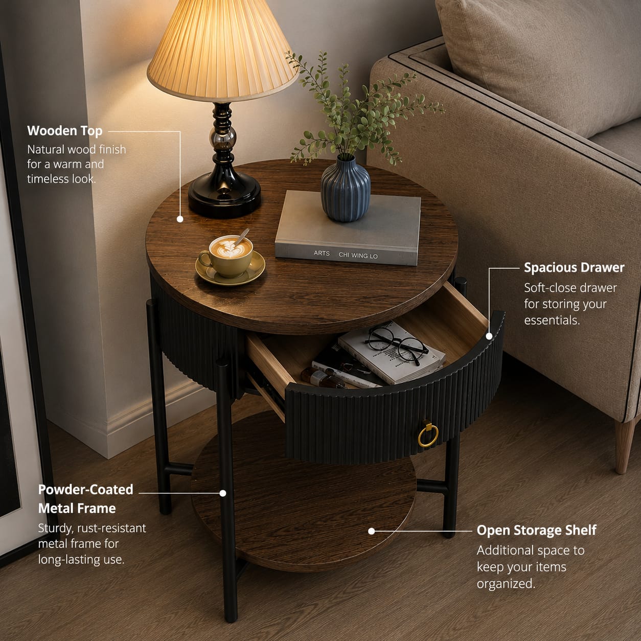 Luxury Marble Top Side Table with Storage Drawer
