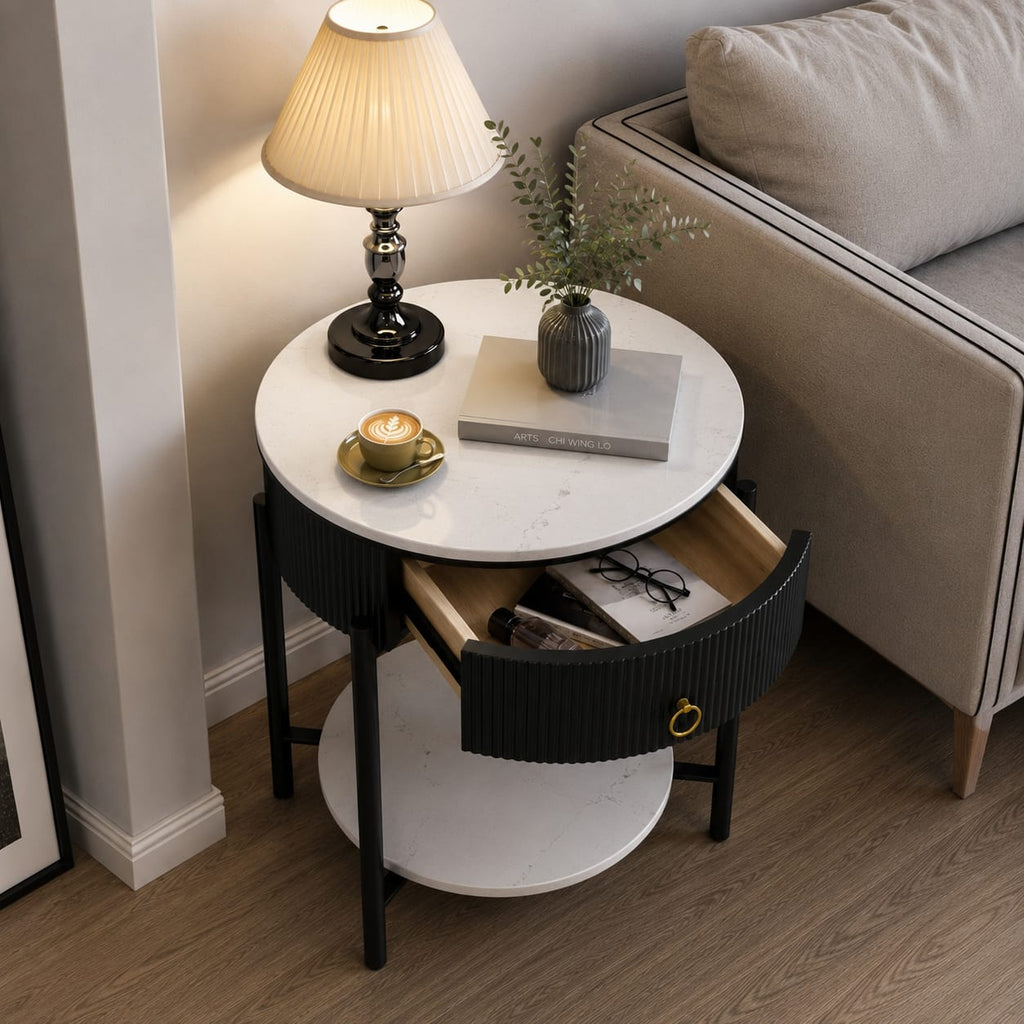 Luxury Marble Top Side Table with Storage Drawer