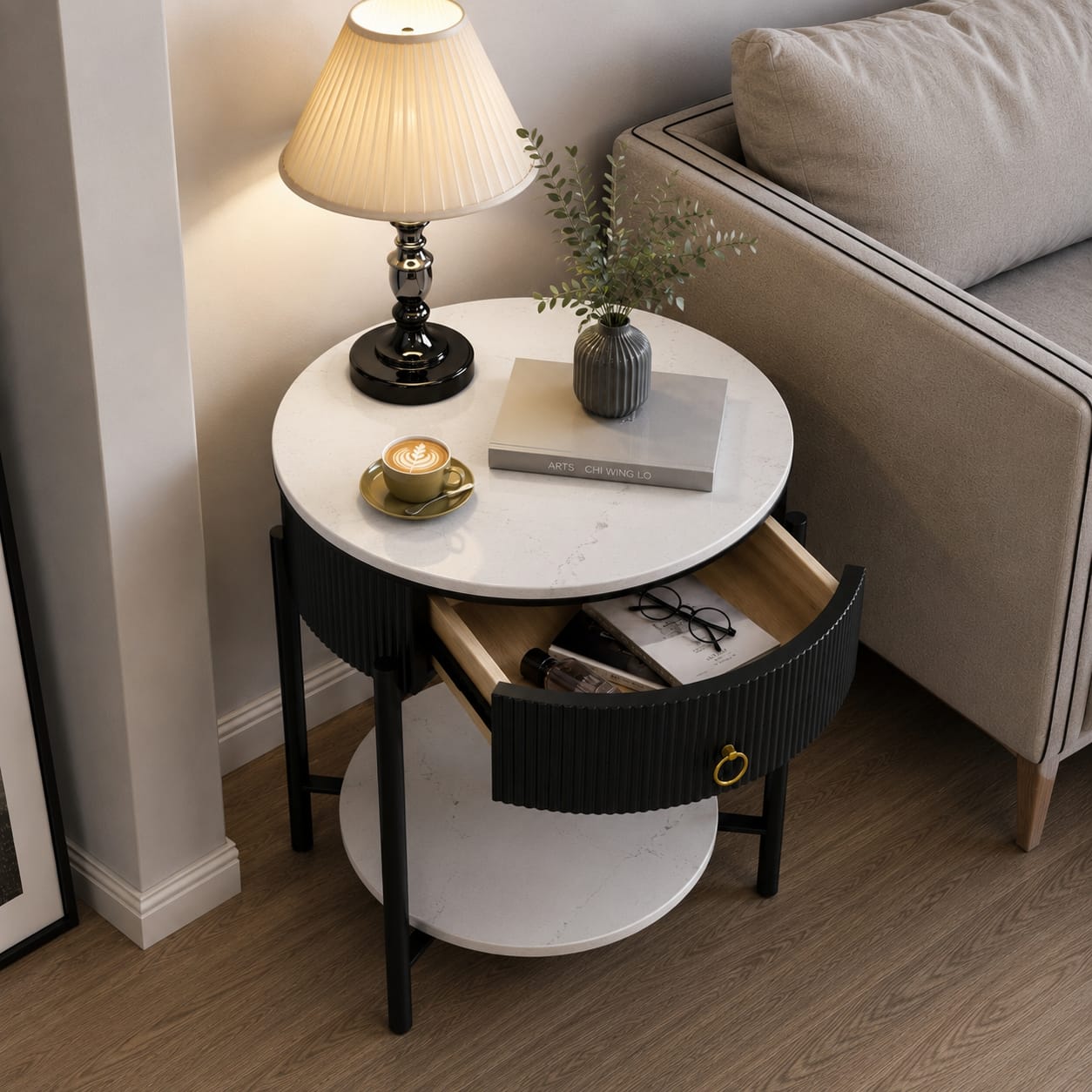 Luxury Marble Top Side Table with Storage Drawer