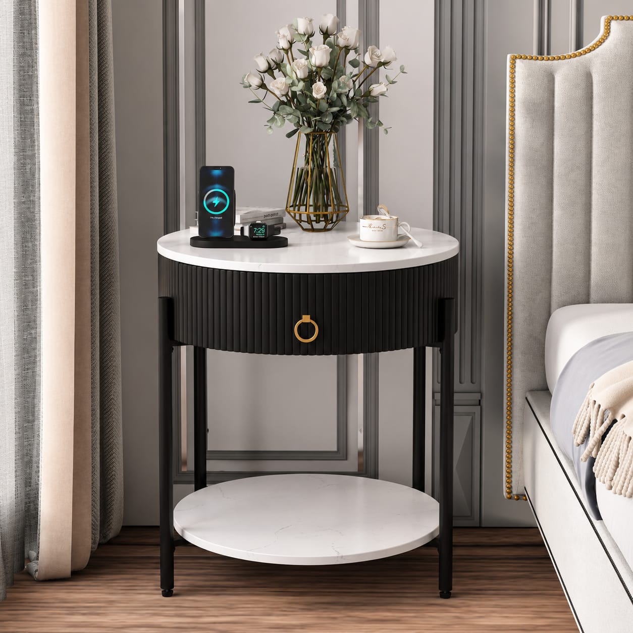 Luxury Marble Top Side Table with Storage Drawer