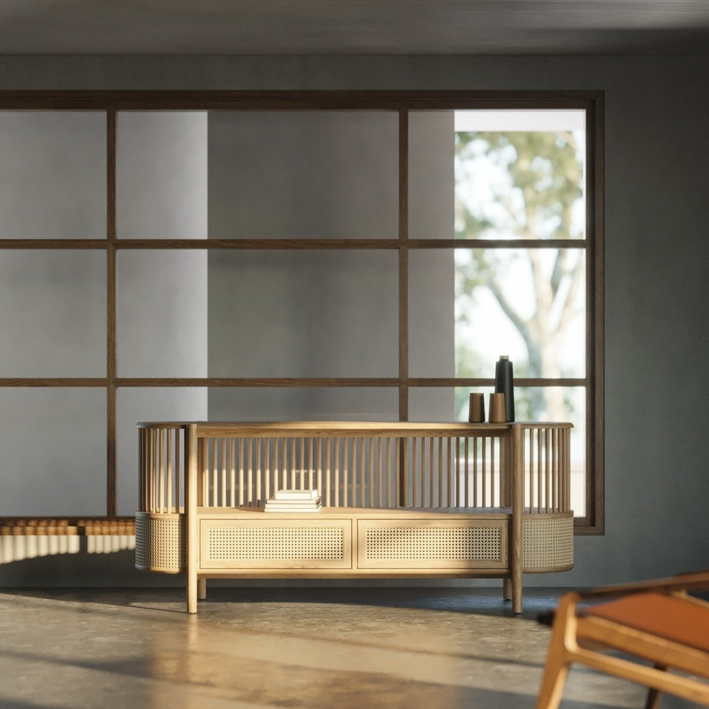Aurora Cane Curved Console Sideboard