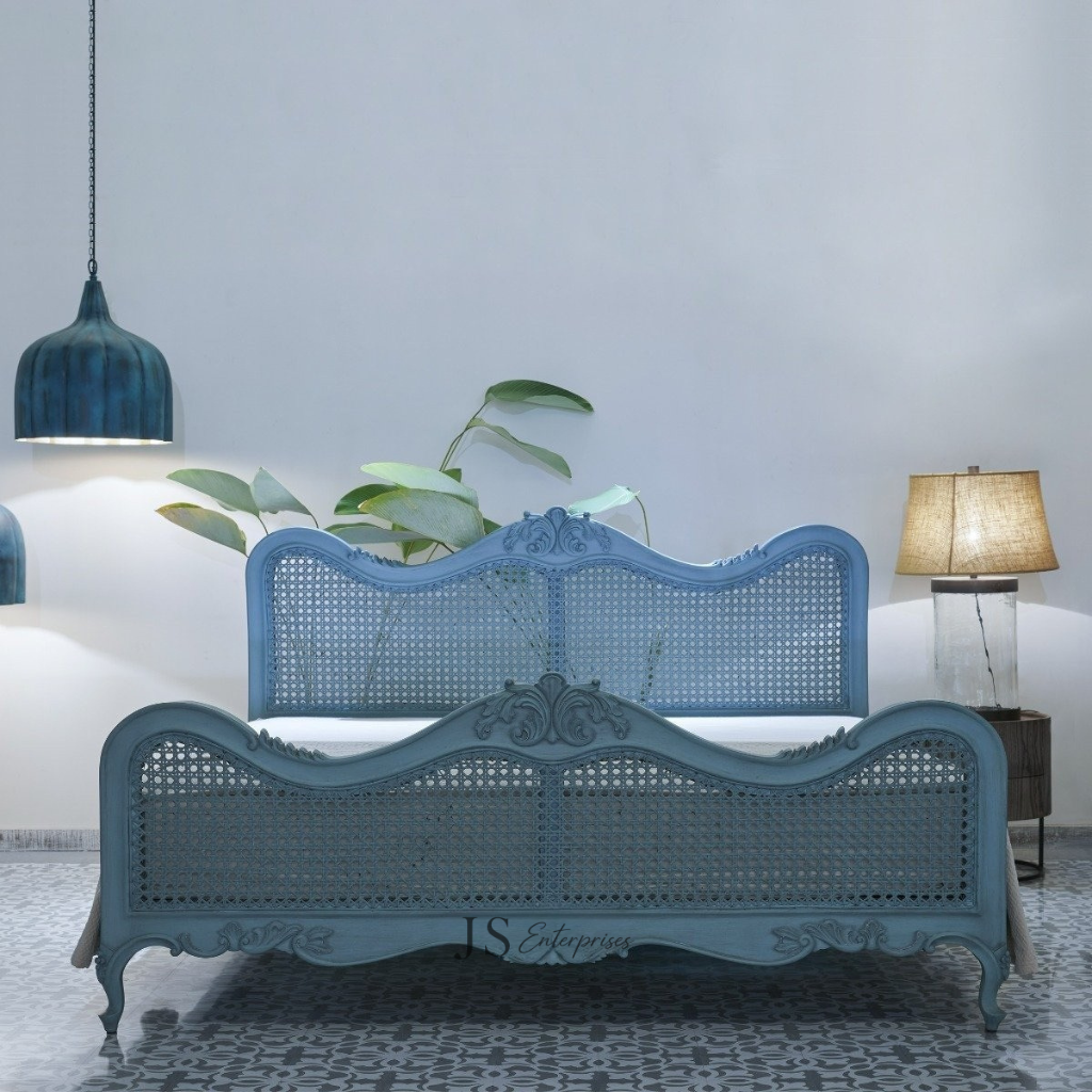 French Style Cane Wooden Bed – Vintage Design