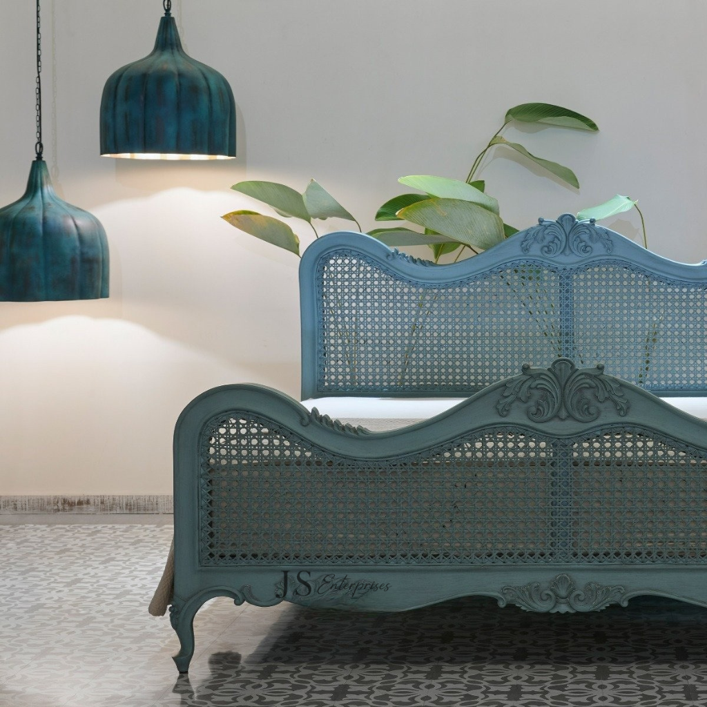 French Style Cane Wooden Bed – Vintage Design