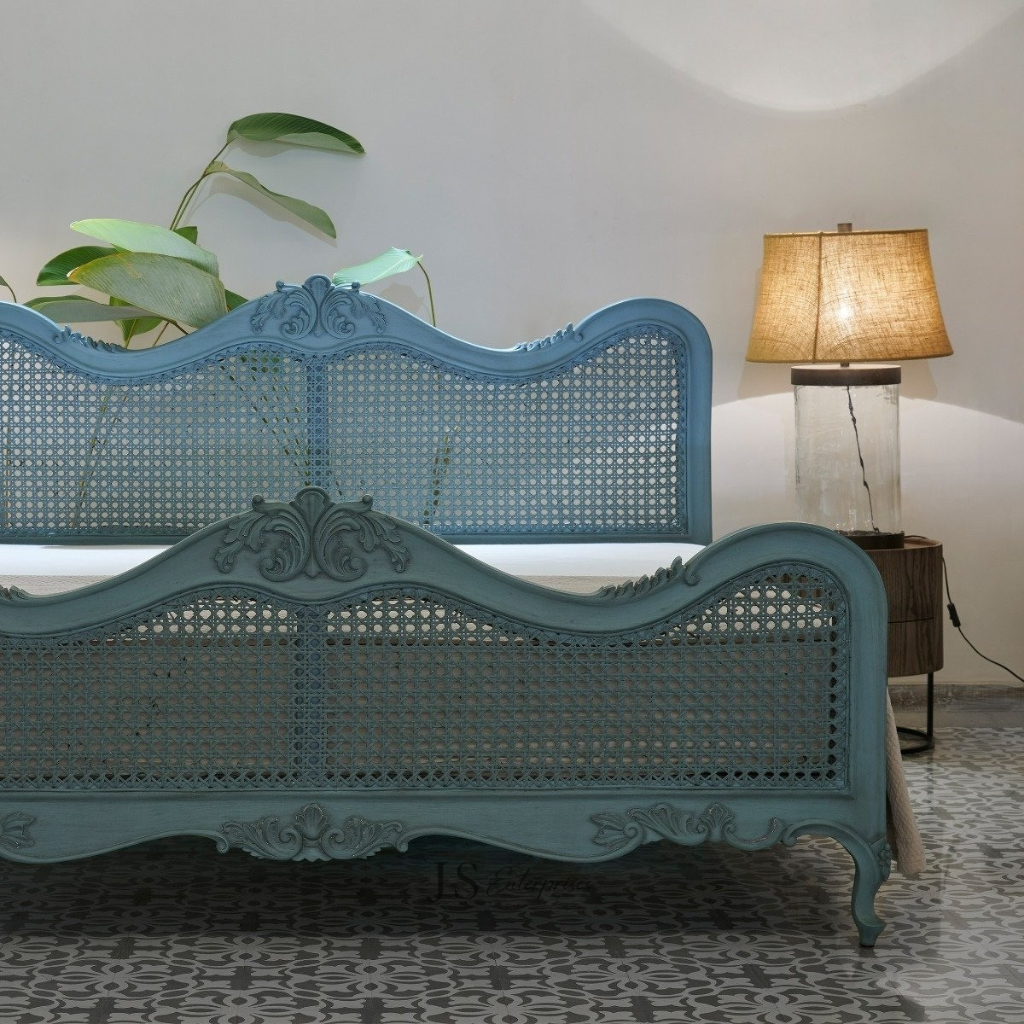 French Style Cane Wooden Bed – Vintage Design