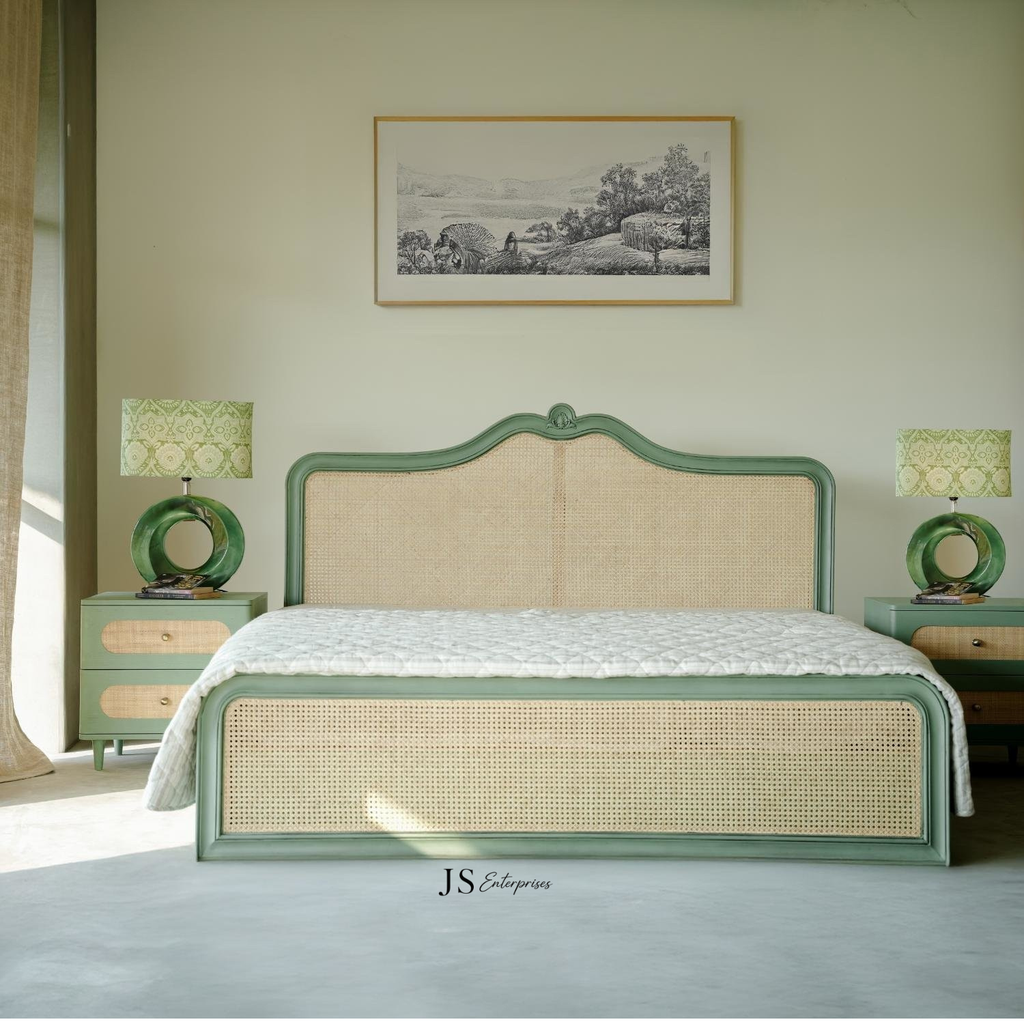 Vintage Cane Bed with Elegant Green Frame