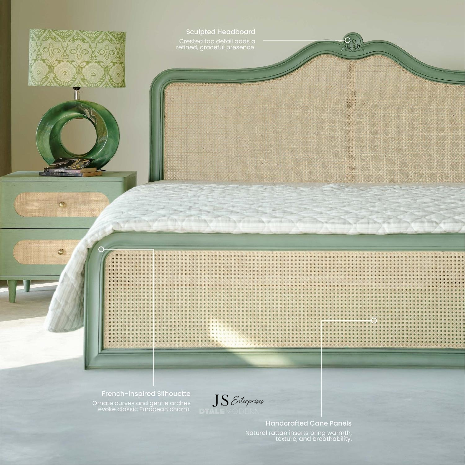Vintage Cane Bed with Elegant Green Frame