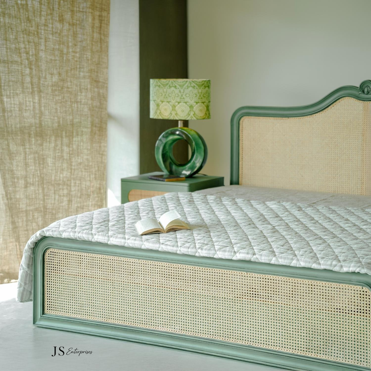Vintage Cane Bed with Elegant Green Frame