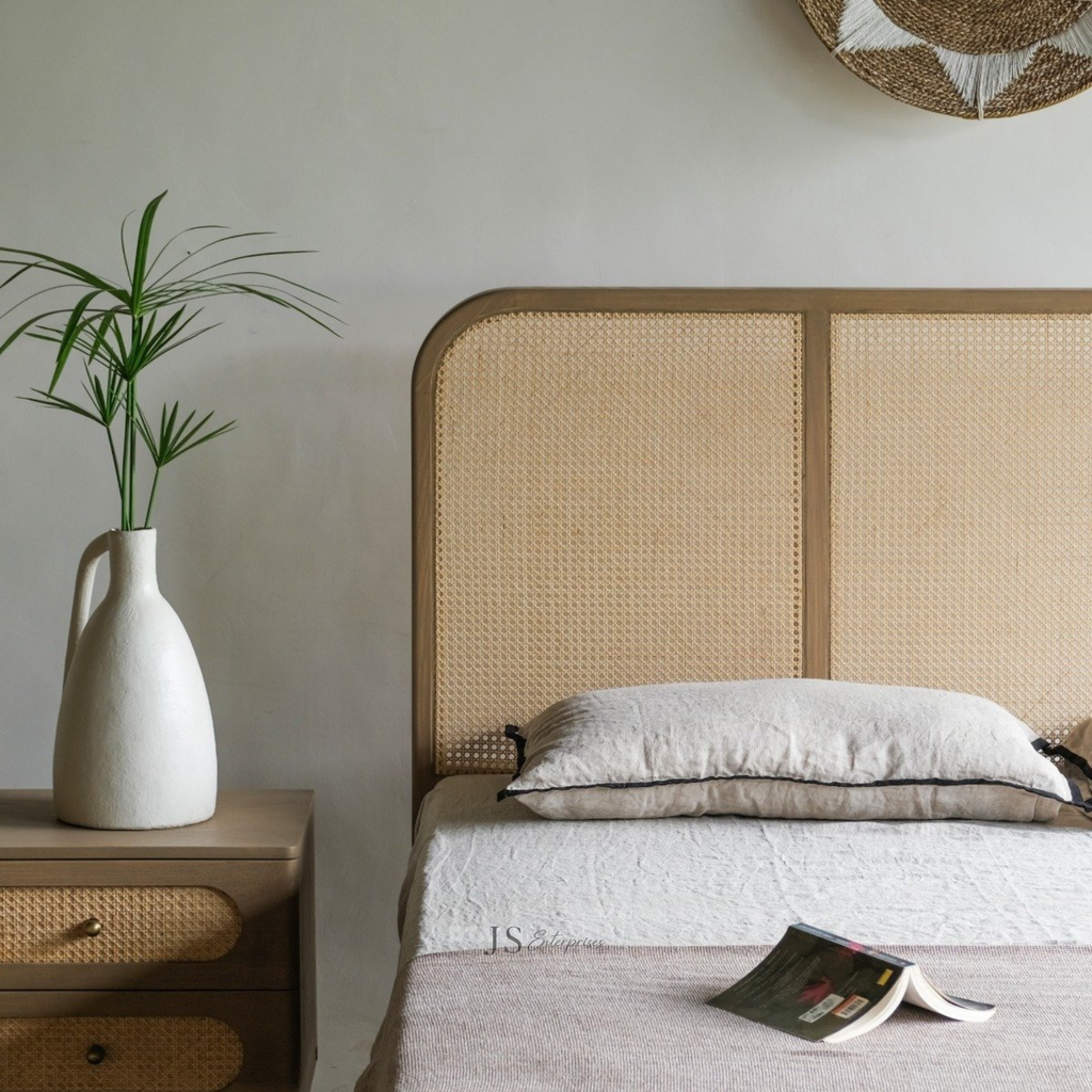 Modern Natural Cane Bed with Wooden Frame