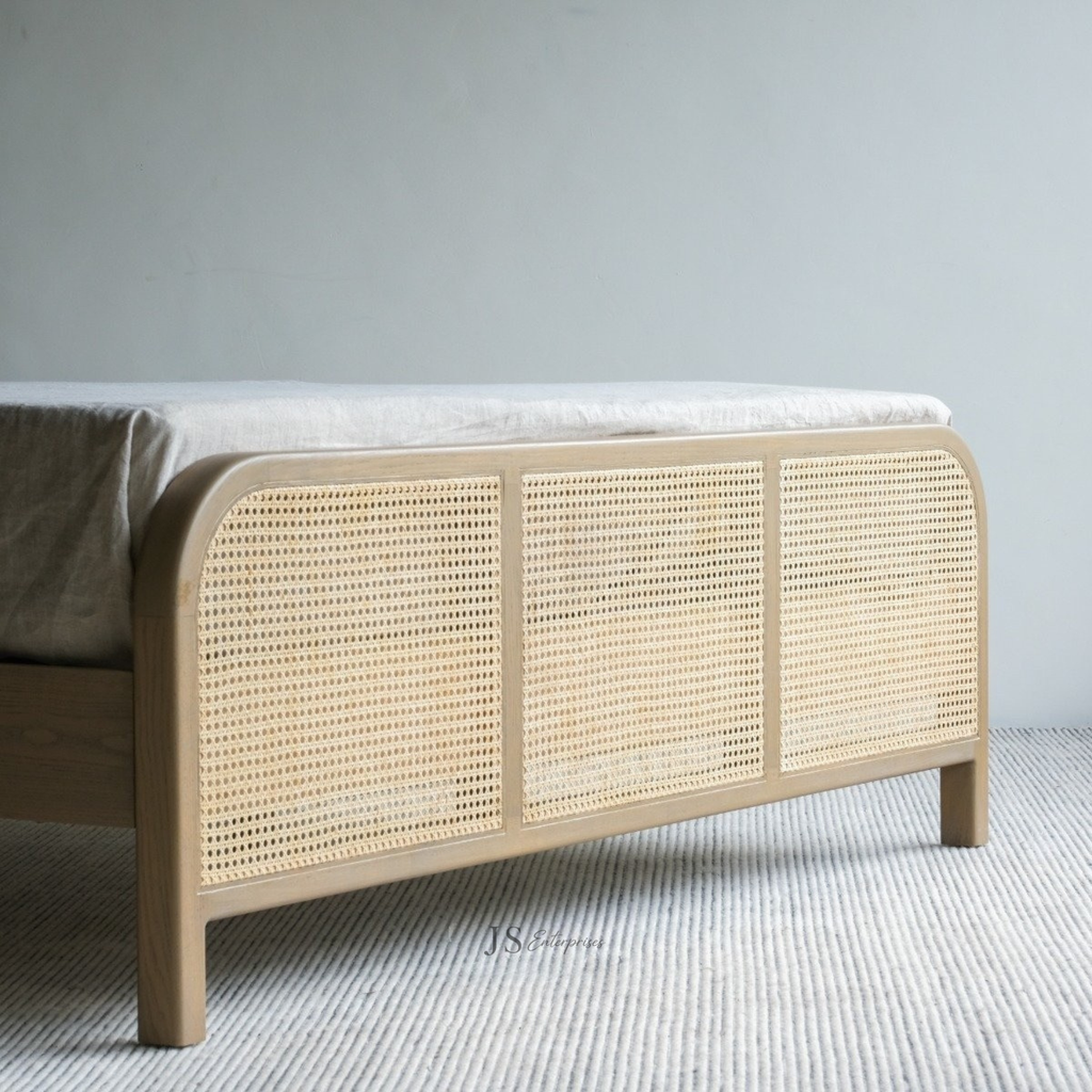 Modern Natural Cane Bed with Wooden Frame