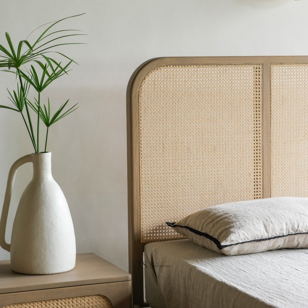 Modern Natural Cane Bed with Wooden Frame