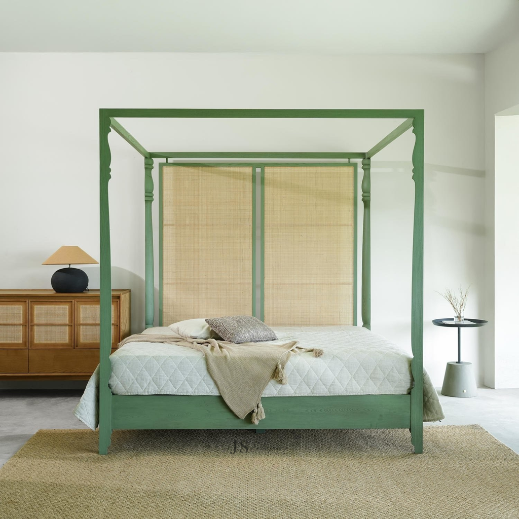 Luxury Canopy Cane Bed with Green Wooden Frame