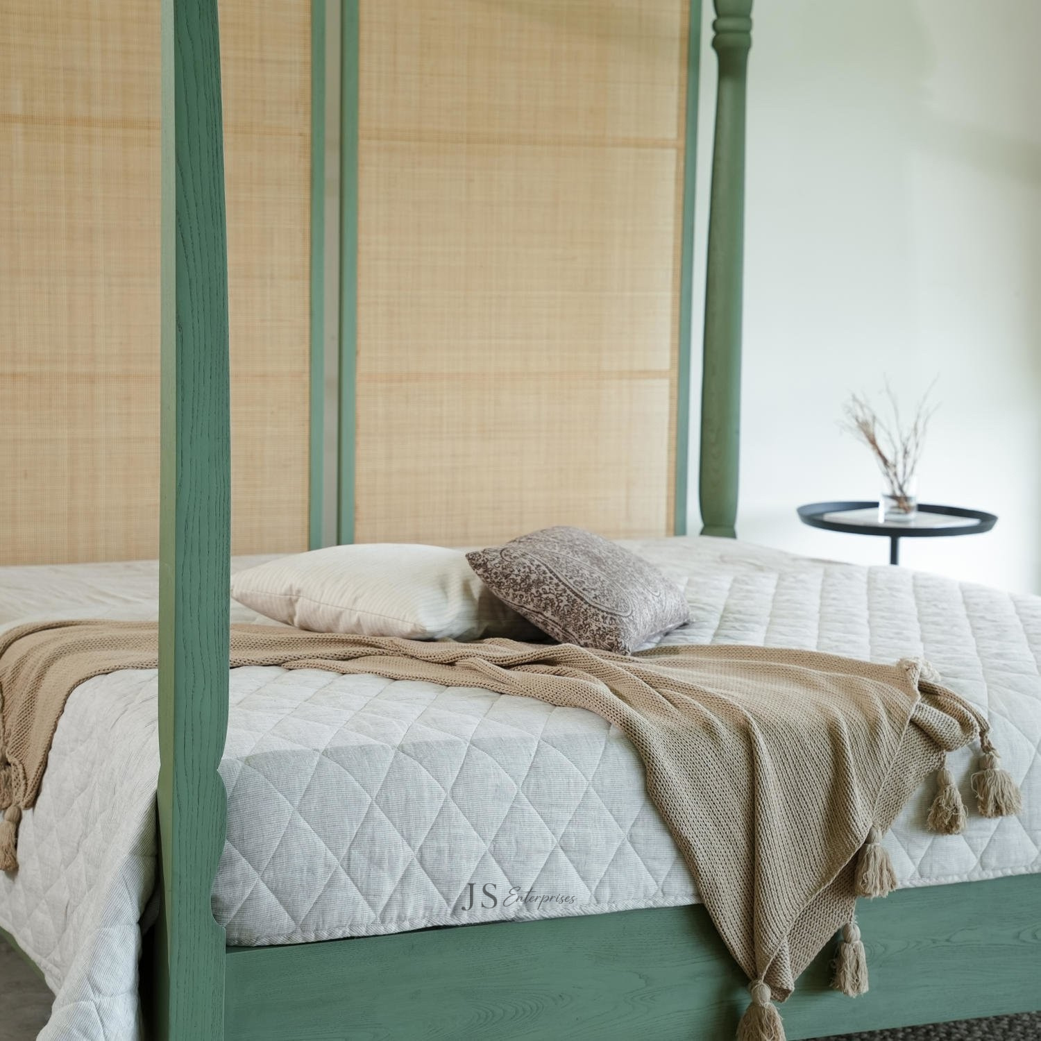 Luxury Canopy Cane Bed with Green Wooden Frame