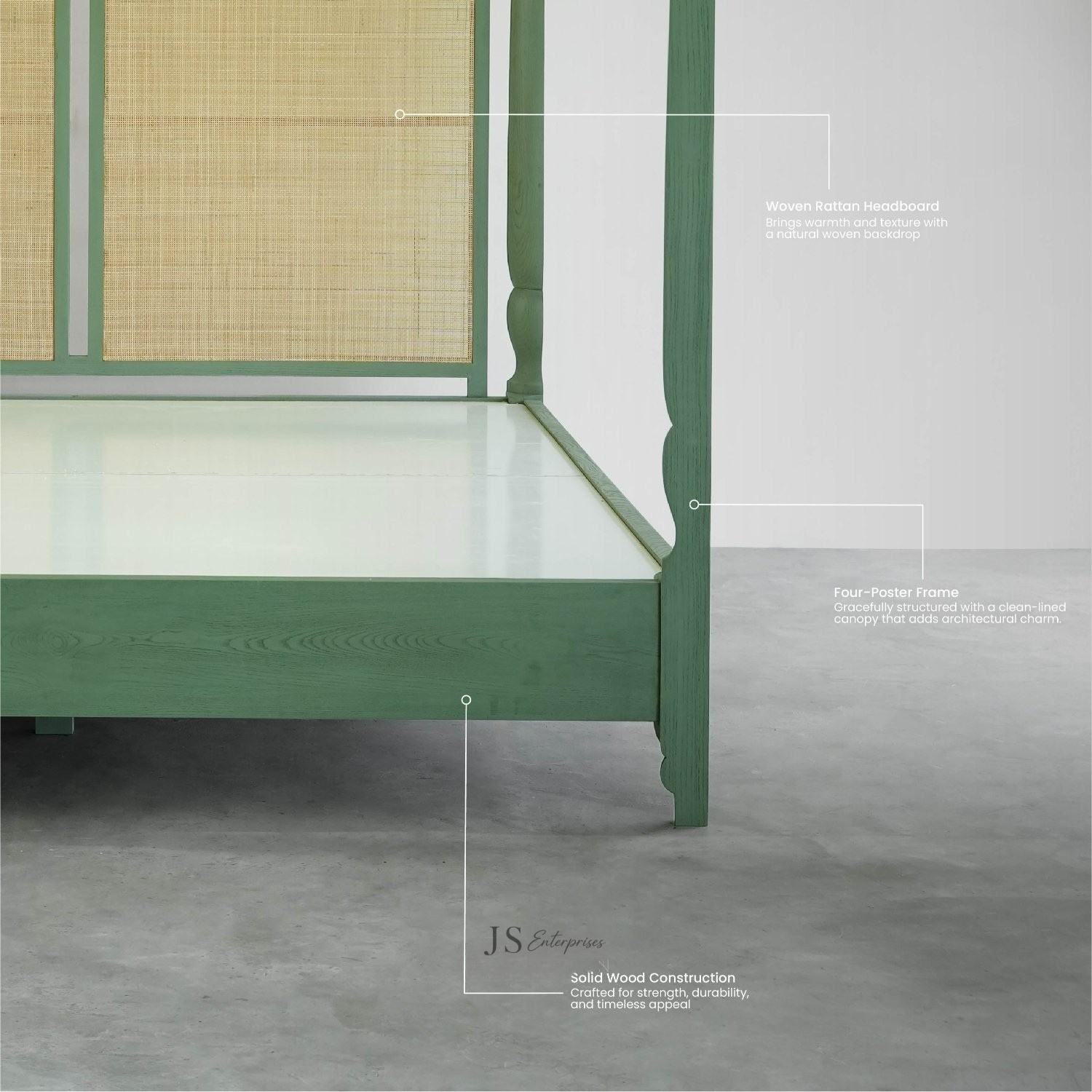 Luxury Canopy Cane Bed with Green Wooden Frame