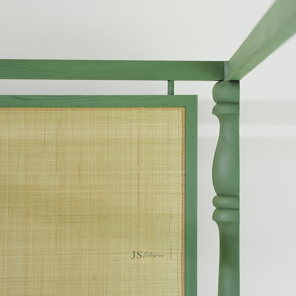 Luxury Canopy Cane Bed with Green Wooden Frame