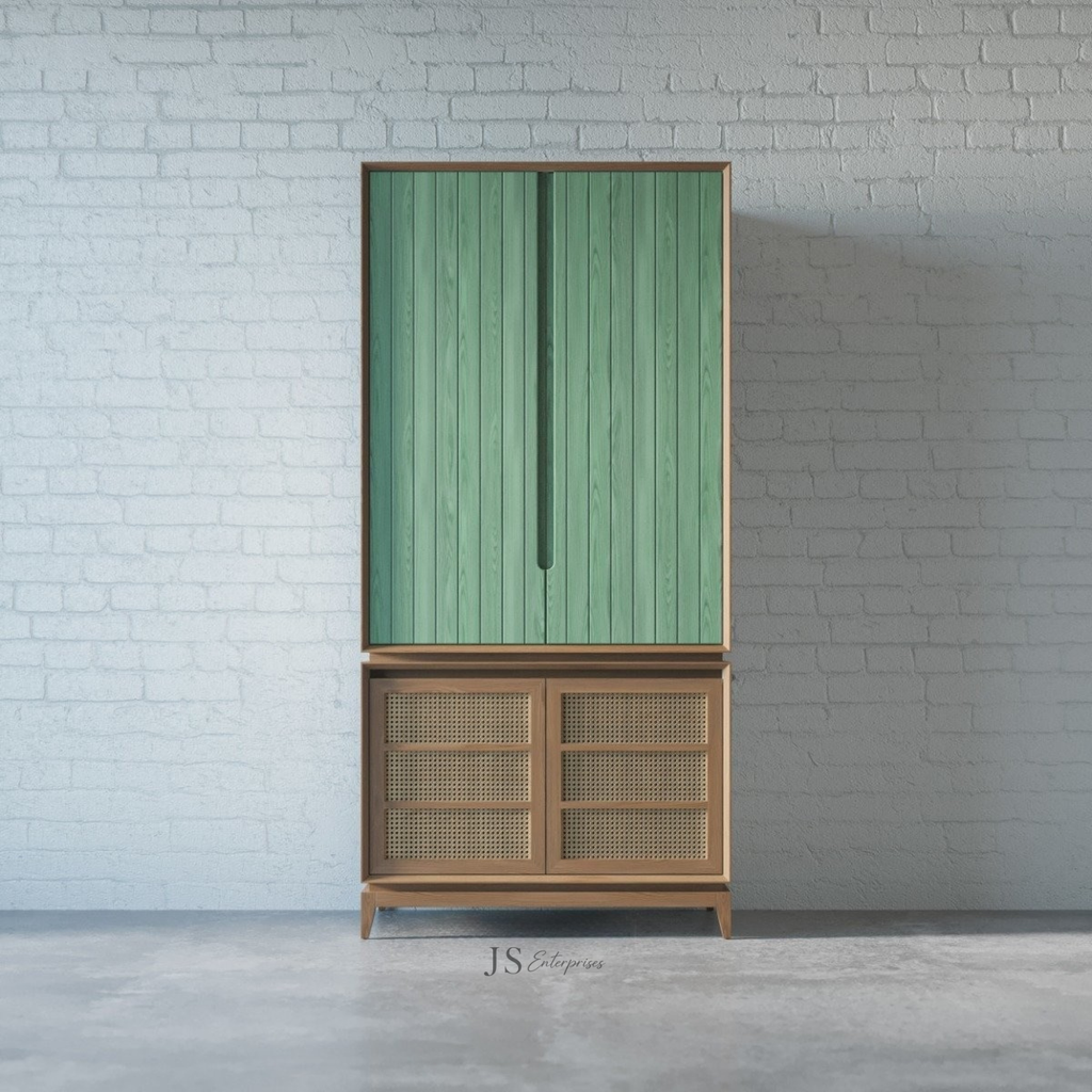 Modern Wooden Wardrobe with Cane Storage Base