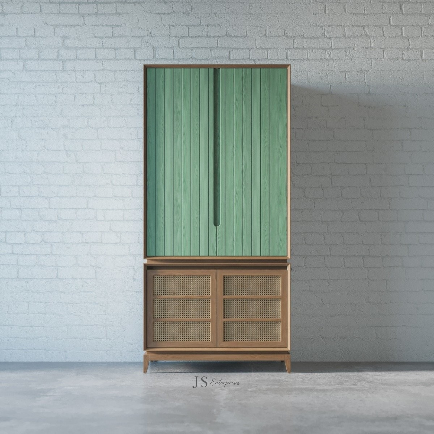 Modern Wooden Wardrobe with Cane Storage Base