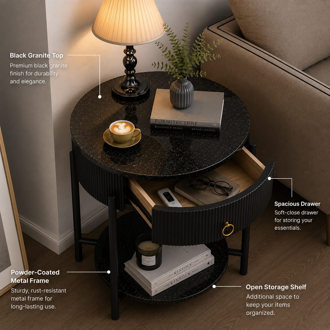 Luxury Marble Top Side Table with Storage Drawer