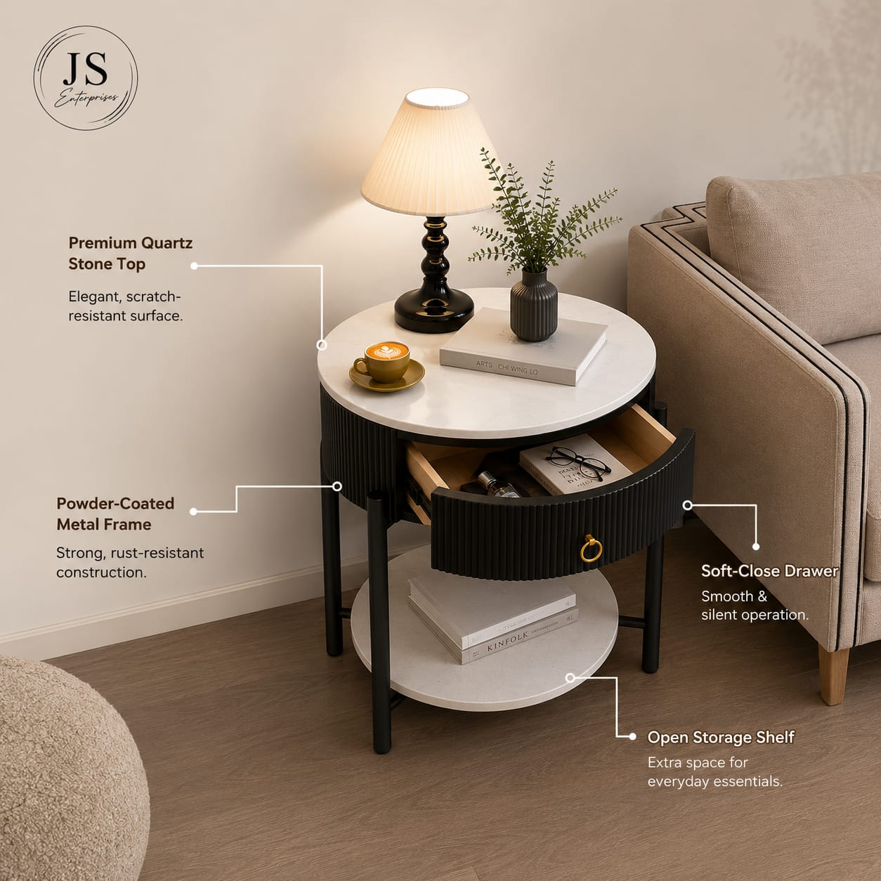 Luxury Marble Top Side Table with Storage Drawer